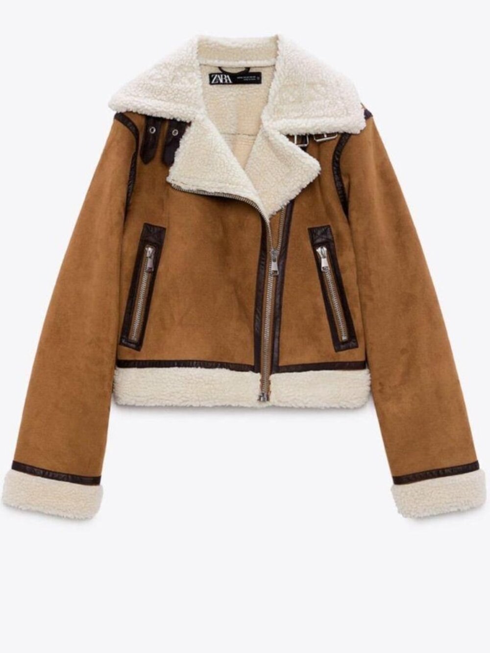 Zara Women's Tan Brown Sherpa-Lined Aviator Jacket
